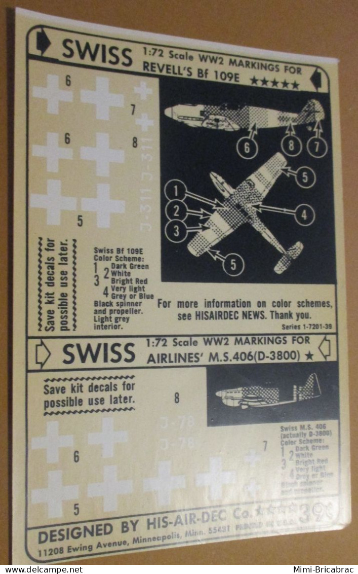 DEC24 : RARE Planche Décals HISAIRDEC Marquages 1/72e ME 109E ET MS 406 SUISSE - Aviones