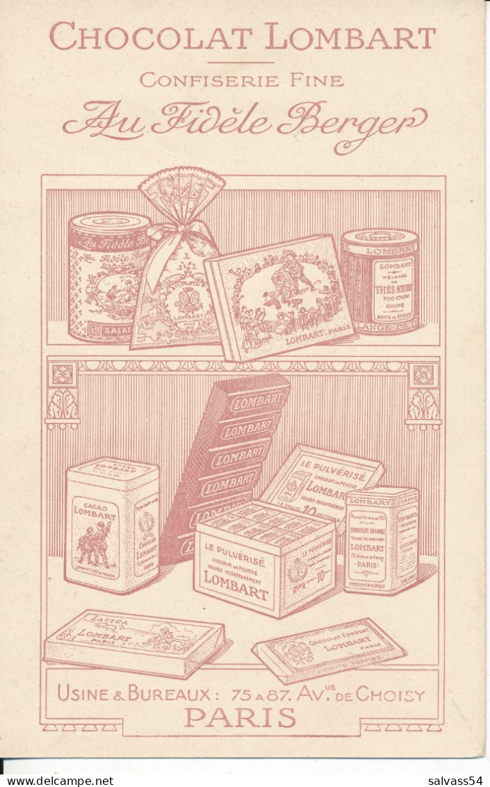 Carte Publicitaire (14 X 9 Cm) - CHOCOLAT LOMBART - Au Fidèle Berger - Paris - Au Verso Un Menu Manuscrit (1912) - Pubblicitari