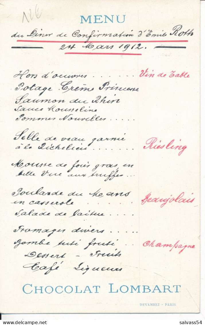 Carte Publicitaire (14 X 9 Cm) - CHOCOLAT LOMBART - Au Fidèle Berger - Paris - Au Verso Un Menu Manuscrit (1912) - Pubblicitari