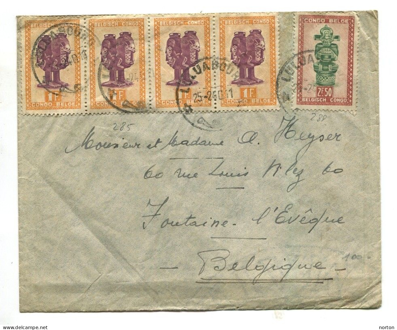 Congo Luluabourg Oblit. Keach 8A3 Sur C.O.B.285 (b De 4) + 288 Sur Lettre ERREUR DE DATE 1940 Au Lieu De 1950 - Storia Postale