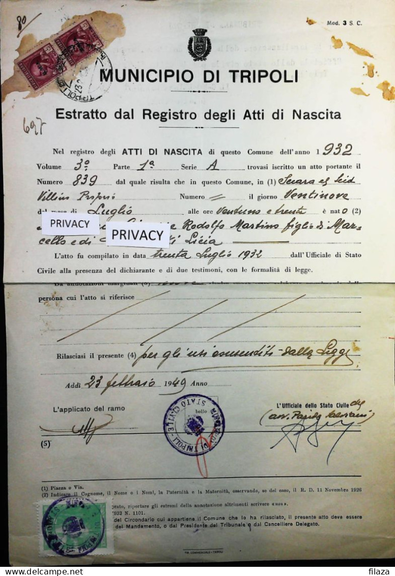 1949 - LIBIA - TRIPOLI - "B.M.A." Su MARCA DA BOLLO COLONIE ITALIANE - S6924 - Andere & Zonder Classificatie