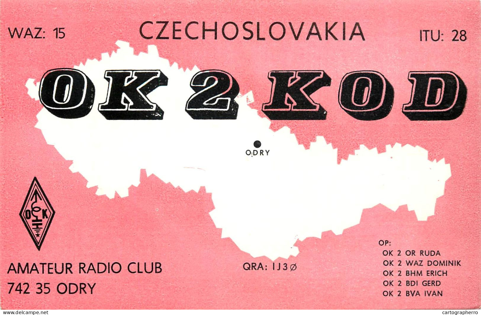 QSL Card Czechoslovakia Radio Amateur Station OK2KOD Y03CD Odry - Radio Amateur