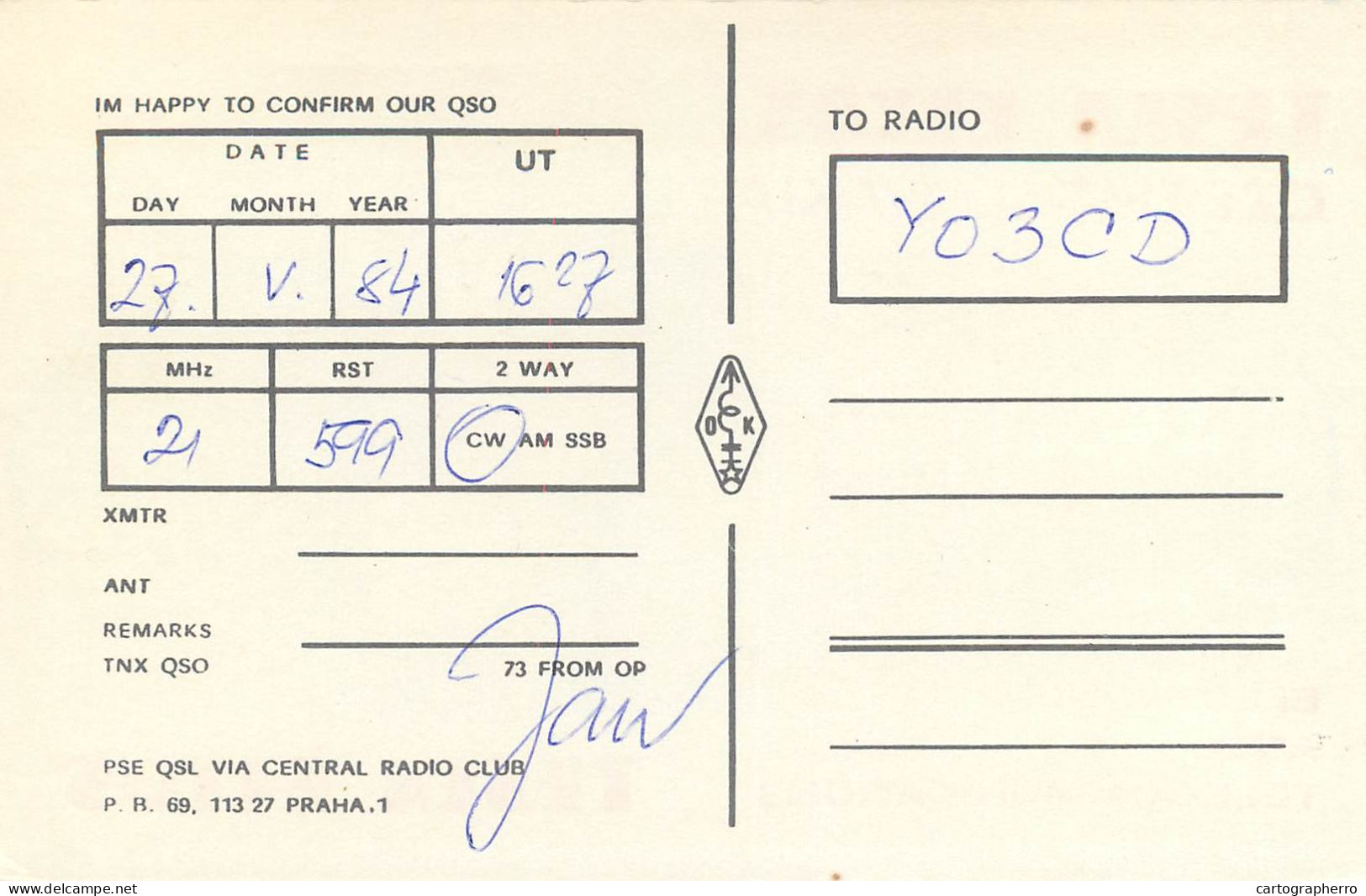 QSL Card Czechoslovakia Radio Amateur Station OK6DX Y03CD Jan - Amateurfunk