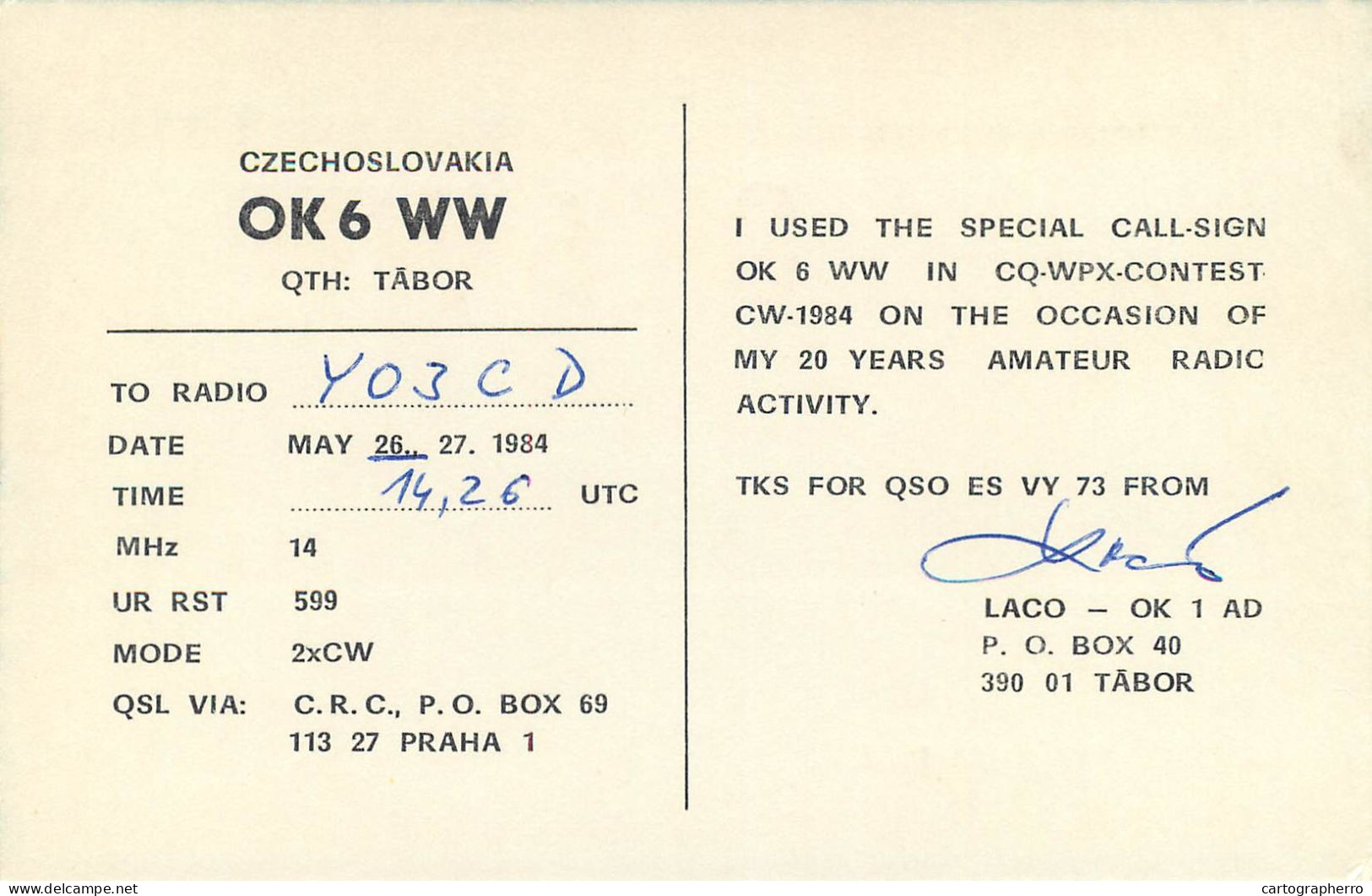 QSL Card Czechoslovakia Radio Amateur Station OK6WW Y03CD Tabor - Radio Amateur