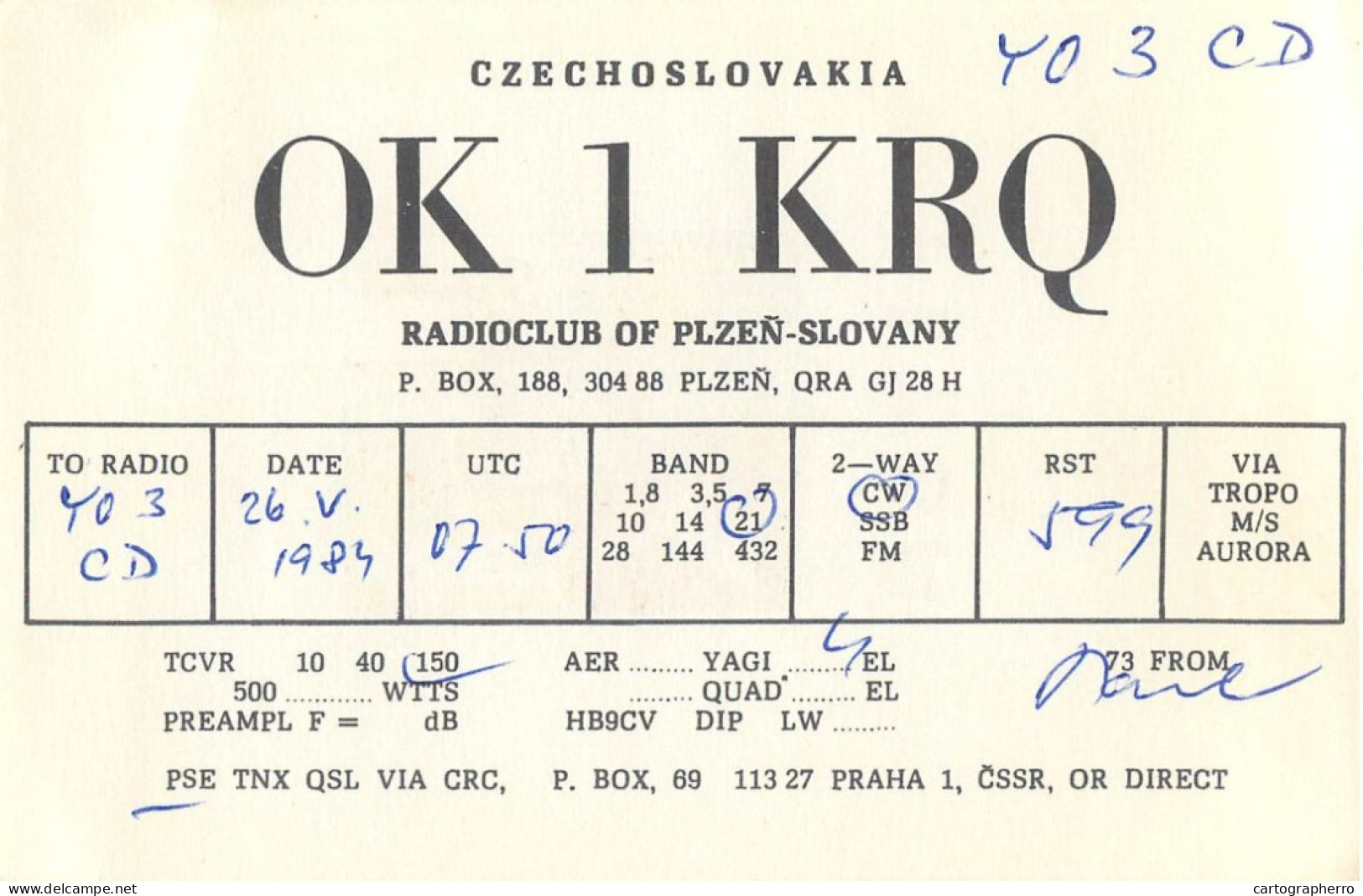 QSL Card Czechoslovakia Radio Amateur Station OK1KRQ Y03CD - Amateurfunk