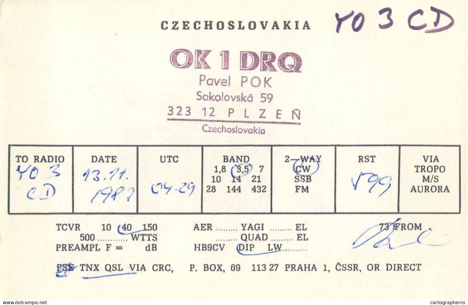 QSL Card Czechoslovakia Radio Amateur Station OK1DRQ Y03CD - Amateurfunk