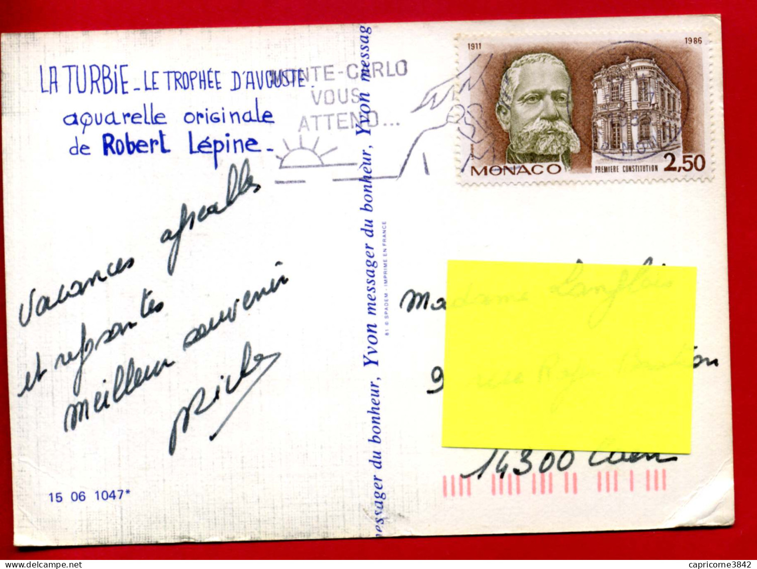 1988 - Monaco - Carte Postale - Tp PREMIERE CONSTITUTION  N°1532 - Secap "MONTE-CARLO VOUS ATTEND - Poststempel