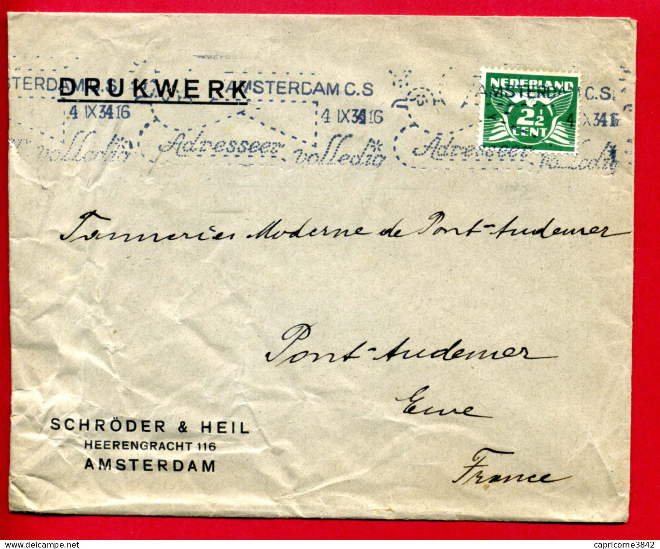 1934 - Pays Bas - Lettre Pour La France - Oblitération Linéaire "AMSTERDAM C.S. - ADRESSEEZ VOLLEDIA" - Postal History