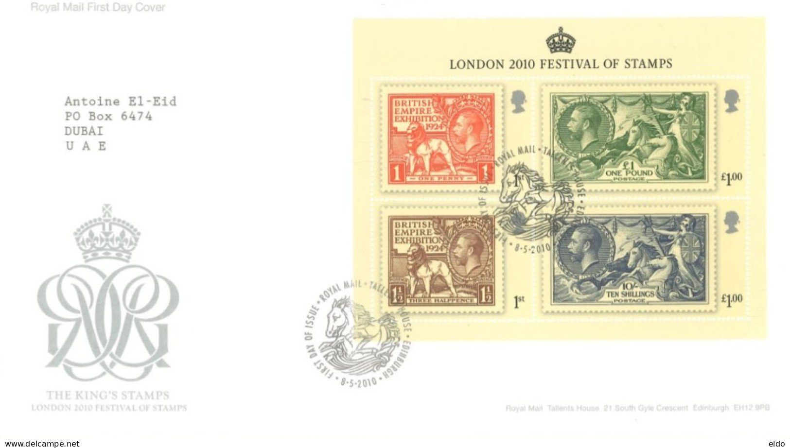 GREAT BRITAIN - 2010, FDC OF MINIATURE SHEET OF THE KING'S STAMPS, LONDON 2010 FESTIVAL OF STAMPS. - Lettres & Documents