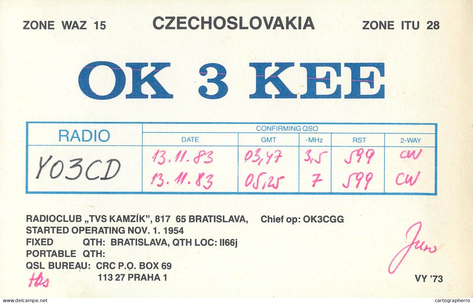 QSL Card Czechoslovakia Radio Amateur Station OK3KEE Y03CD - Amateurfunk