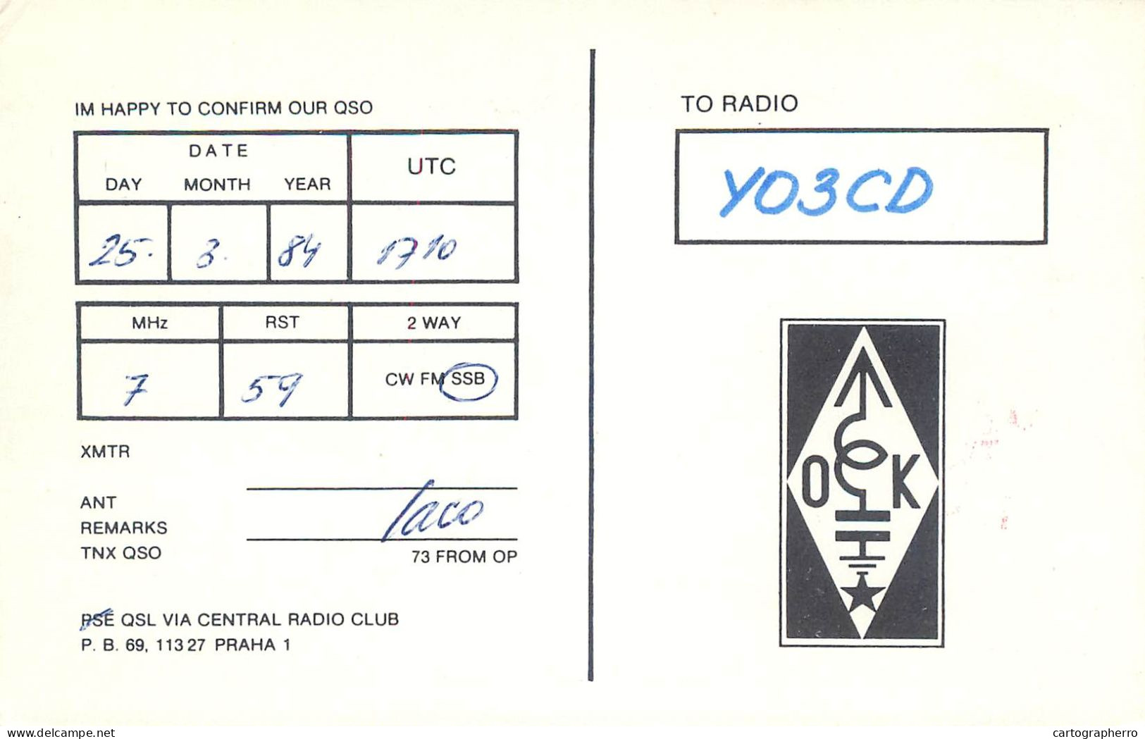 QSL Card Czechoslovakia Radio Amateur Station OK3KAG Y03CD 1984 Laco - Amateurfunk