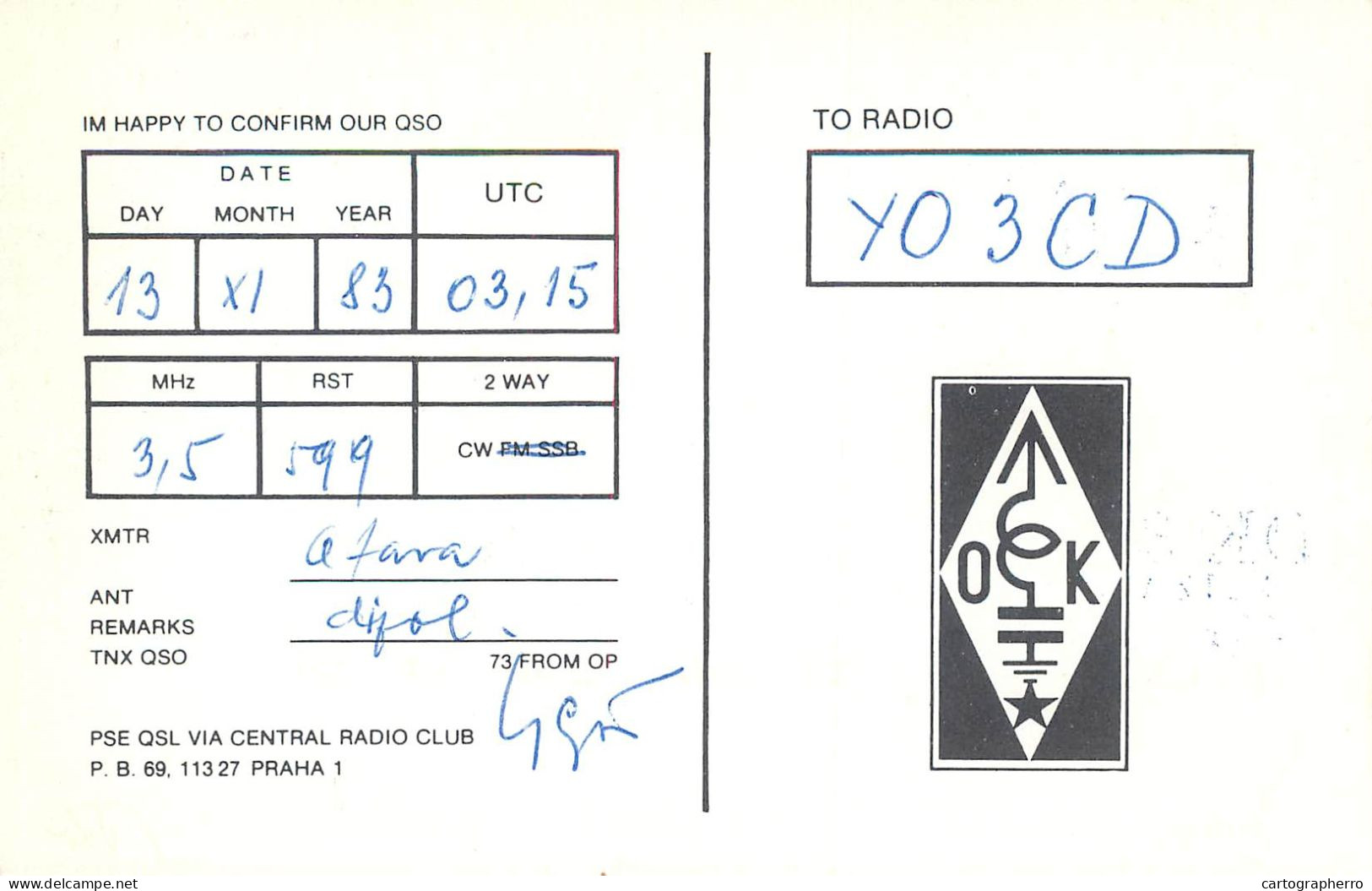 QSL Card Czechoslovakia Radio Amateur Station OK3KAG Y03CD 1984 Laco - Radio Amateur