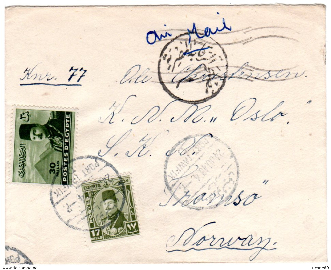 Ägypten 1948, 17+30 M. Auf Luftpost Zensur Brief V. Port Tewfik N. Norwegen - Autres - Afrique