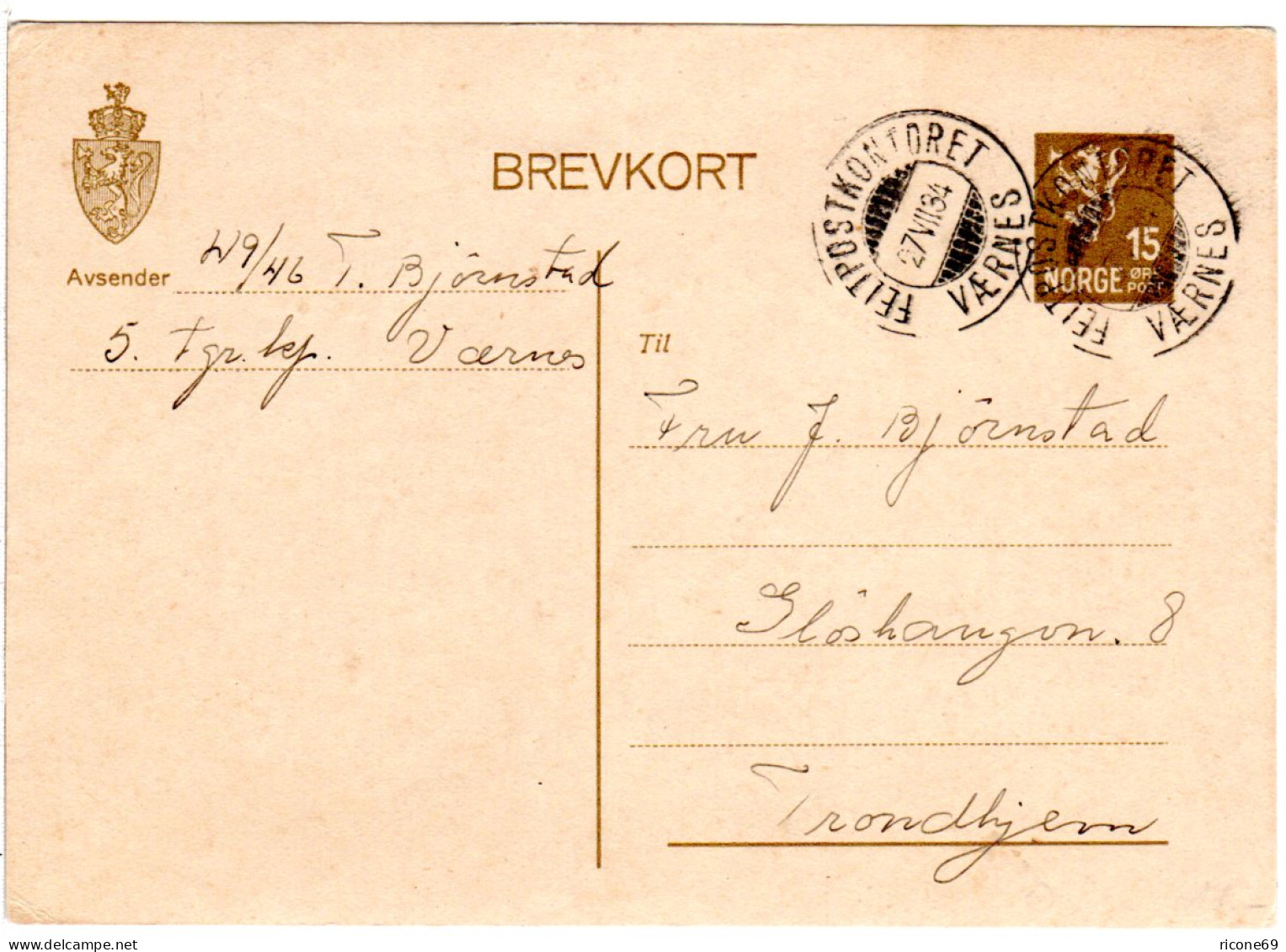 Norwegen 1934, FELTPOSTKONTORET VAERNES Klar Auf Auf 15 öre Ganzsache - Storia Postale