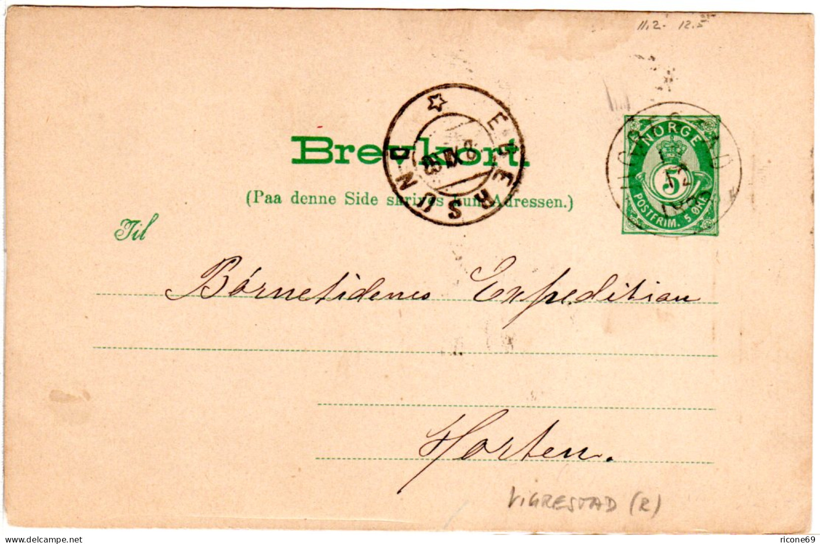 Norwegen 1893, K1 VIGRESTAD (Rogaland) U. K2 Egersund Auf 5 öre Ganzsache - Cartas & Documentos