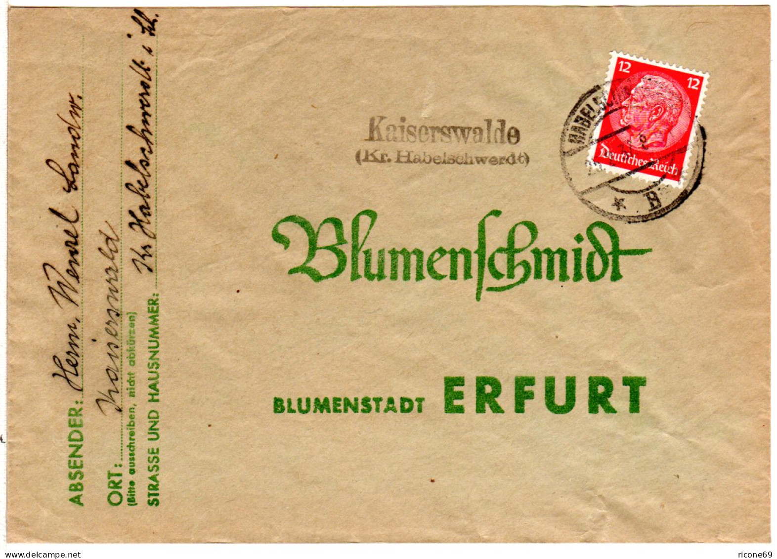 DR 1937, Landpost Stpl. KAISERSWALDE (Kreis Habelschwerdt) Auf Brief M. 12 Pfg. - Briefe U. Dokumente