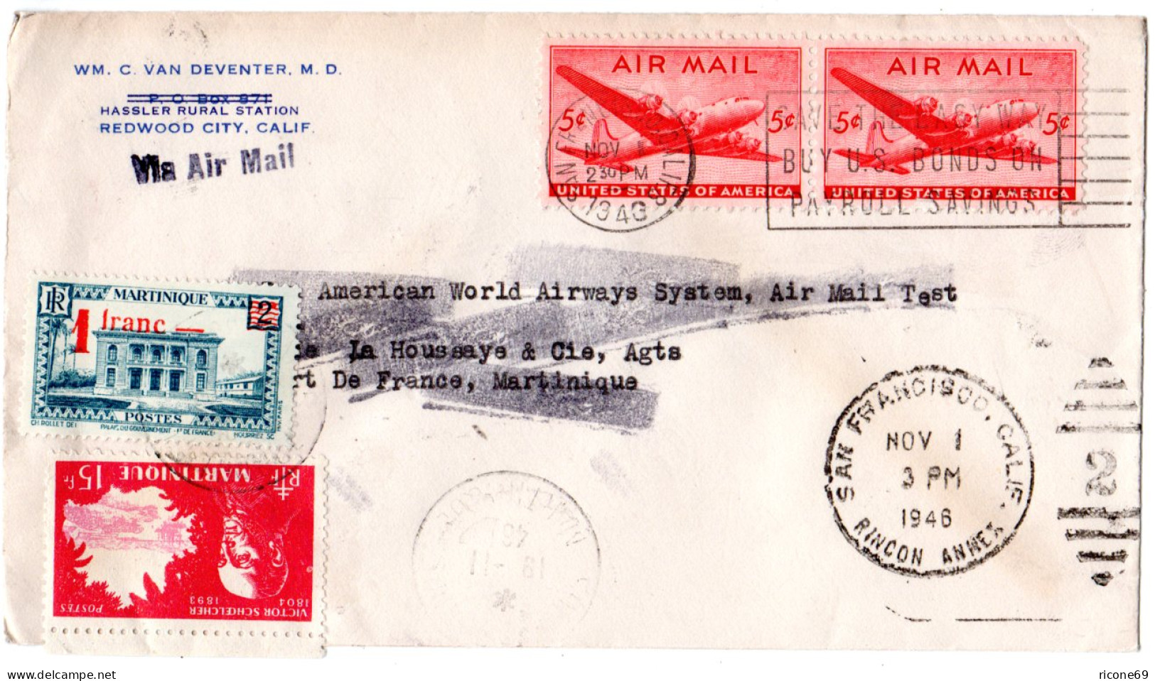 USA 1946, 2x5 C. Auf Luftpost Brief  M. Martinique Nachsendefrankatur - Sonstige & Ohne Zuordnung