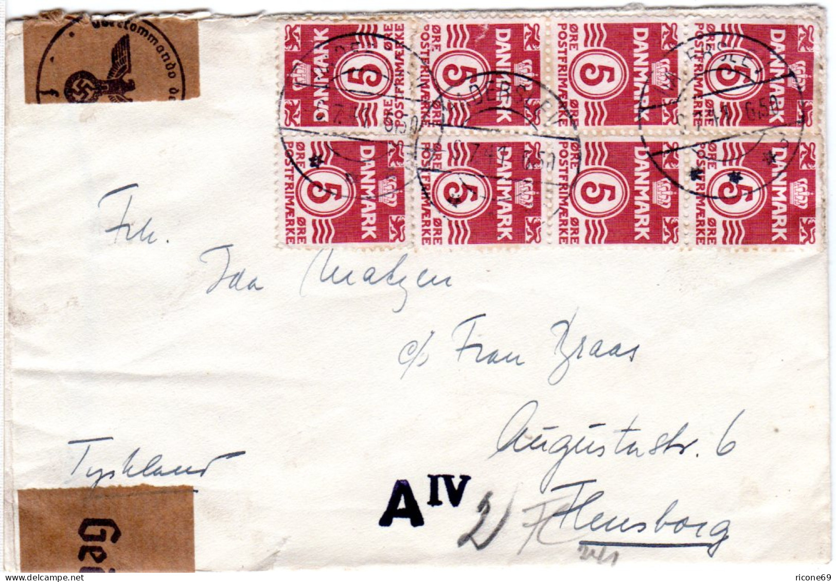 Dänemark 1941, 8er-Block 5 öre Auf Zensur Brief V. Haderslev N. Flensburg - Sonstige & Ohne Zuordnung