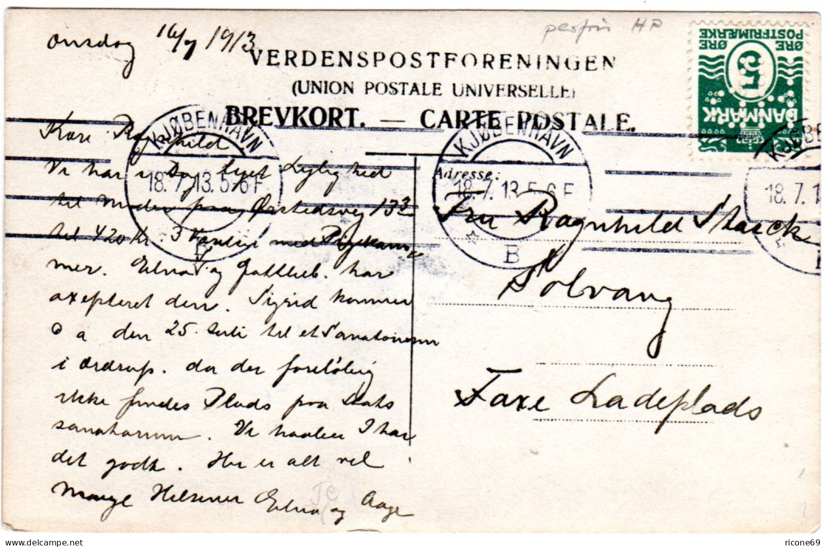Dänemark 1913, 5 öre M. Perfin HP Auf Karte V. Kopenhagen  - Sonstige & Ohne Zuordnung