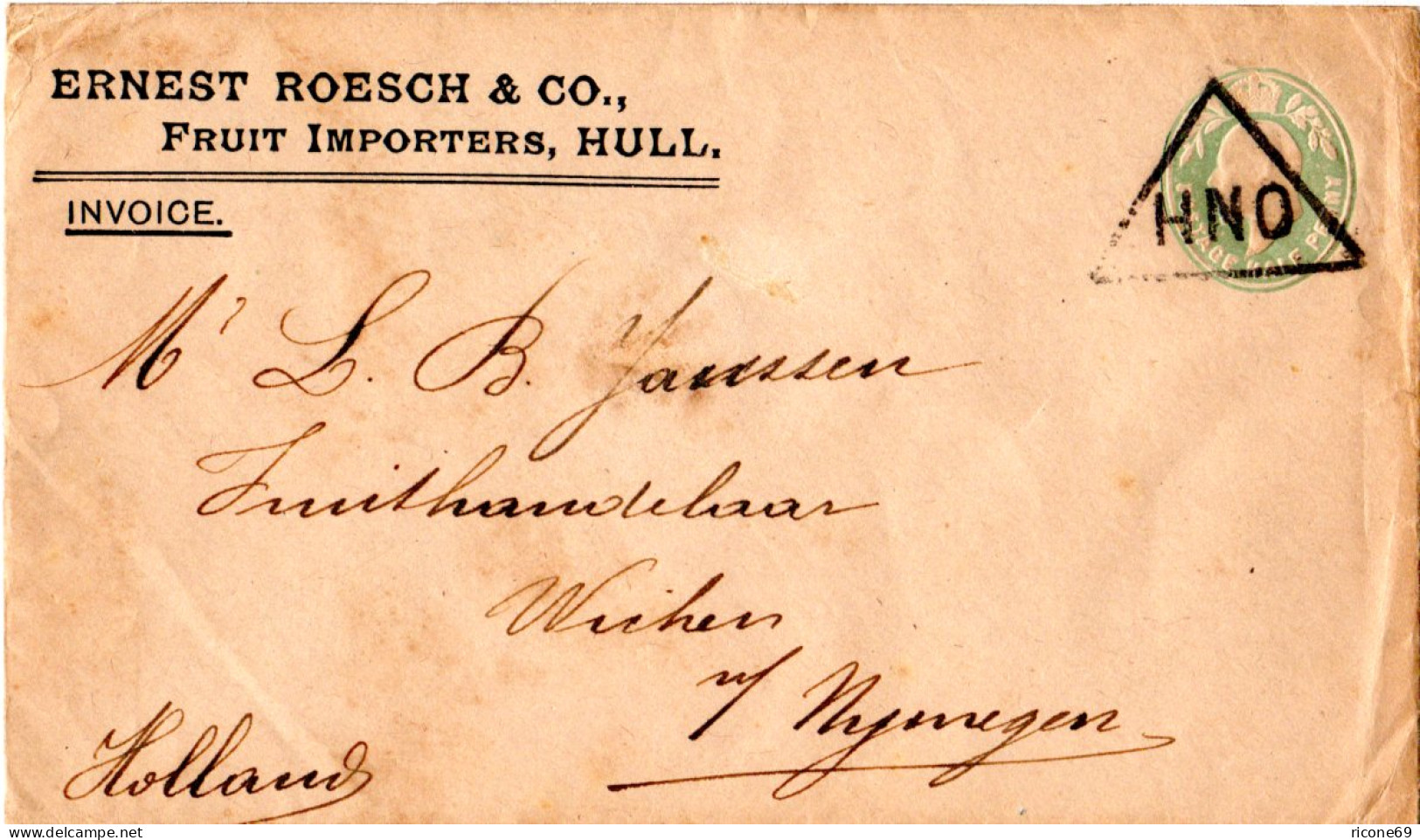 GB 1907, 1/2d Privat Ganzsache Brief V. Hull M. Stpl. HNO N. NL - Medicine