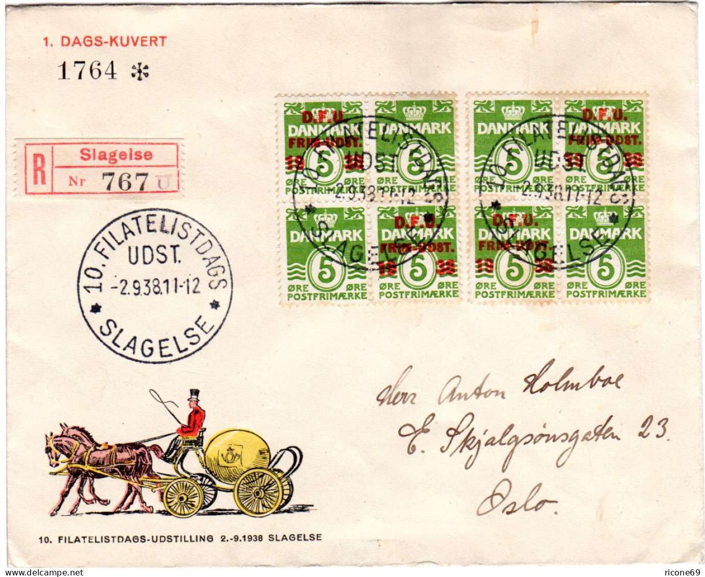 Dänemark 1938, 5 öre DFU Frim. Uttst., 2 Viererblöcke Auf Reko FDC N. Norwegen - Sonstige & Ohne Zuordnung