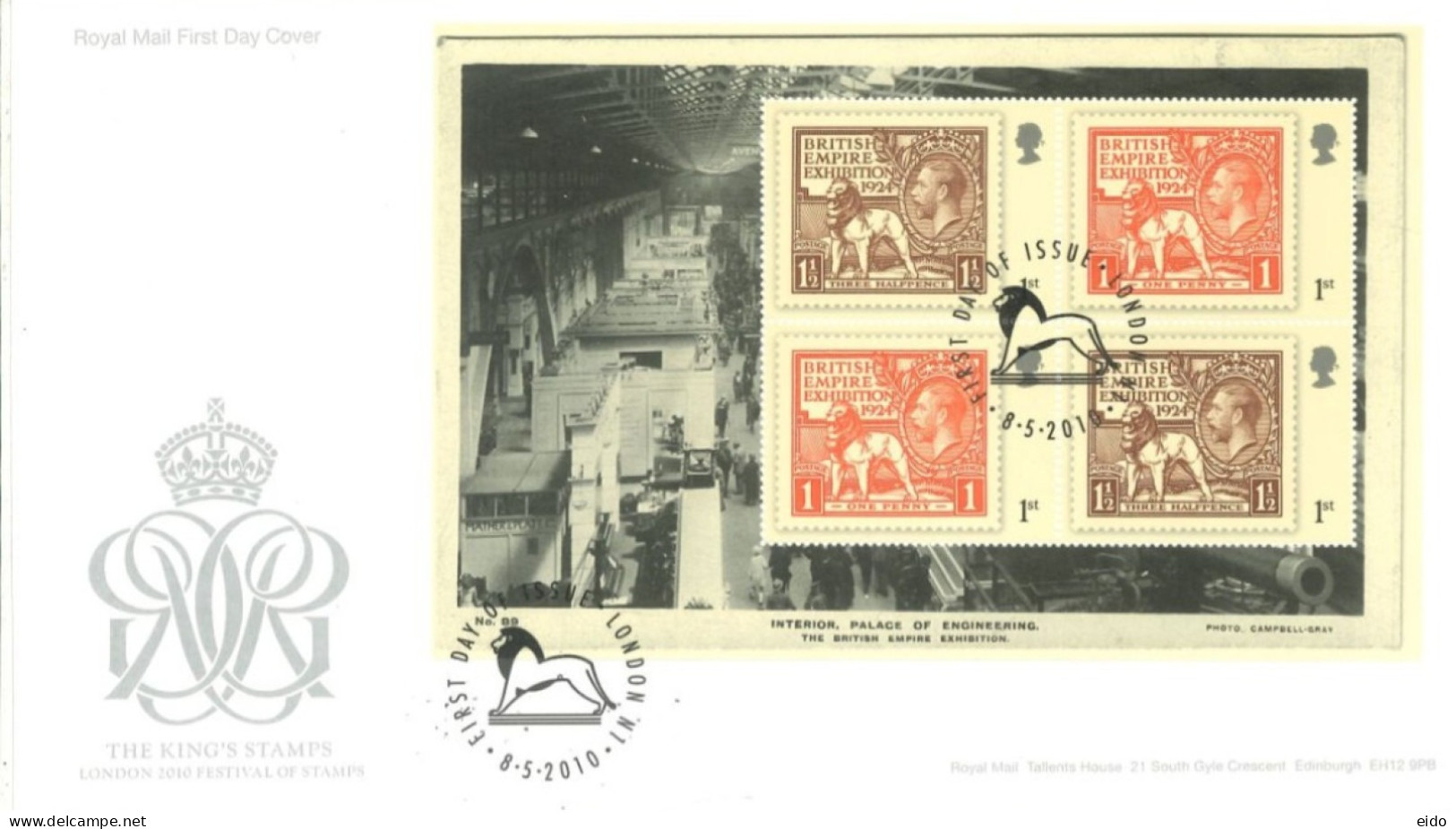 GREAT BRITAIN - 2010, FDC OF MINIATURE SHEET OF THE KING'S STAMPS, LONDON 2010 FESTIVAL OF STAMPS. - Lettres & Documents