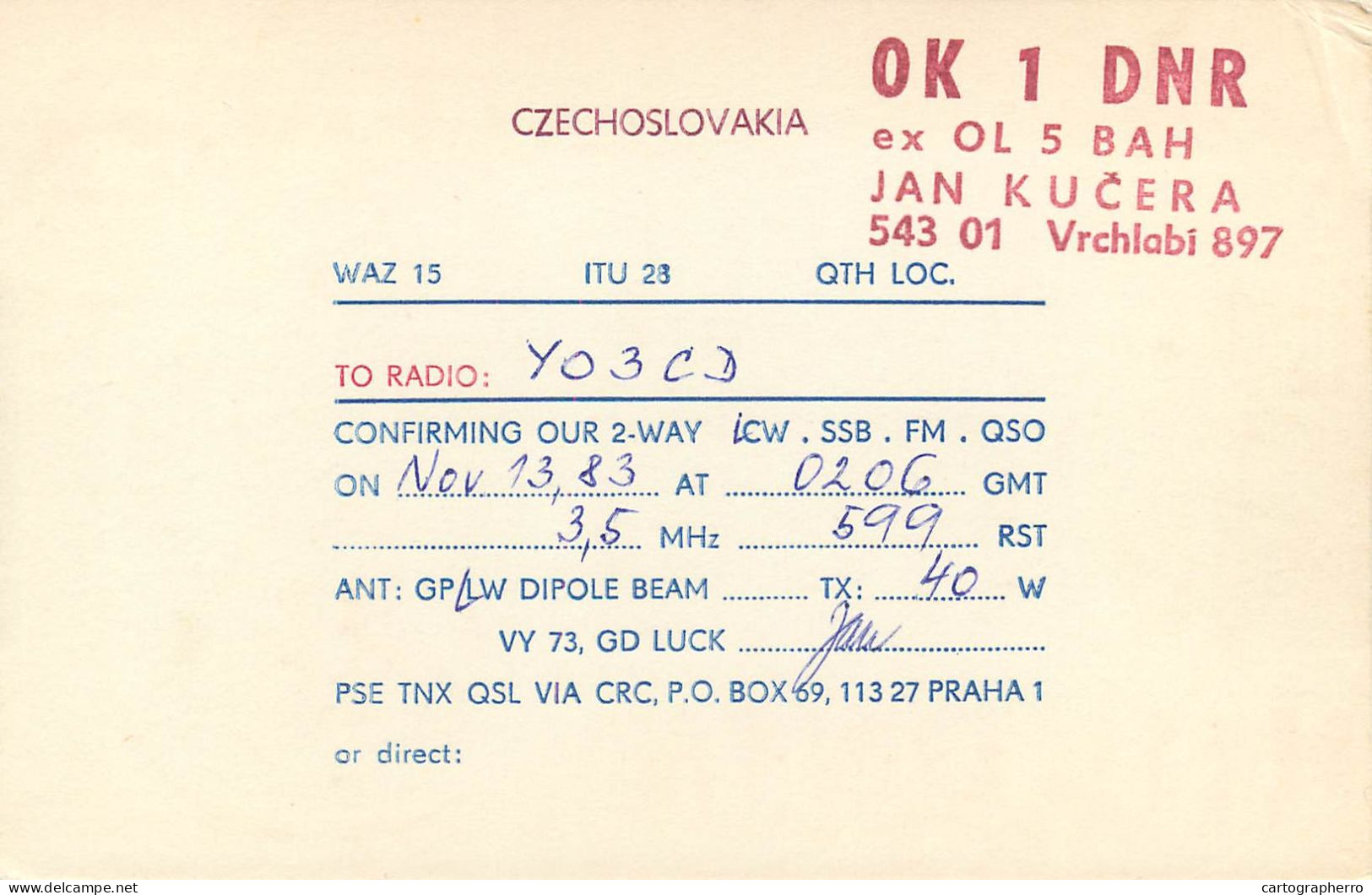 QSL Card Czechoslovakia Radio Amateur Station OK1DNR Y03CD 1983 - Radio Amateur