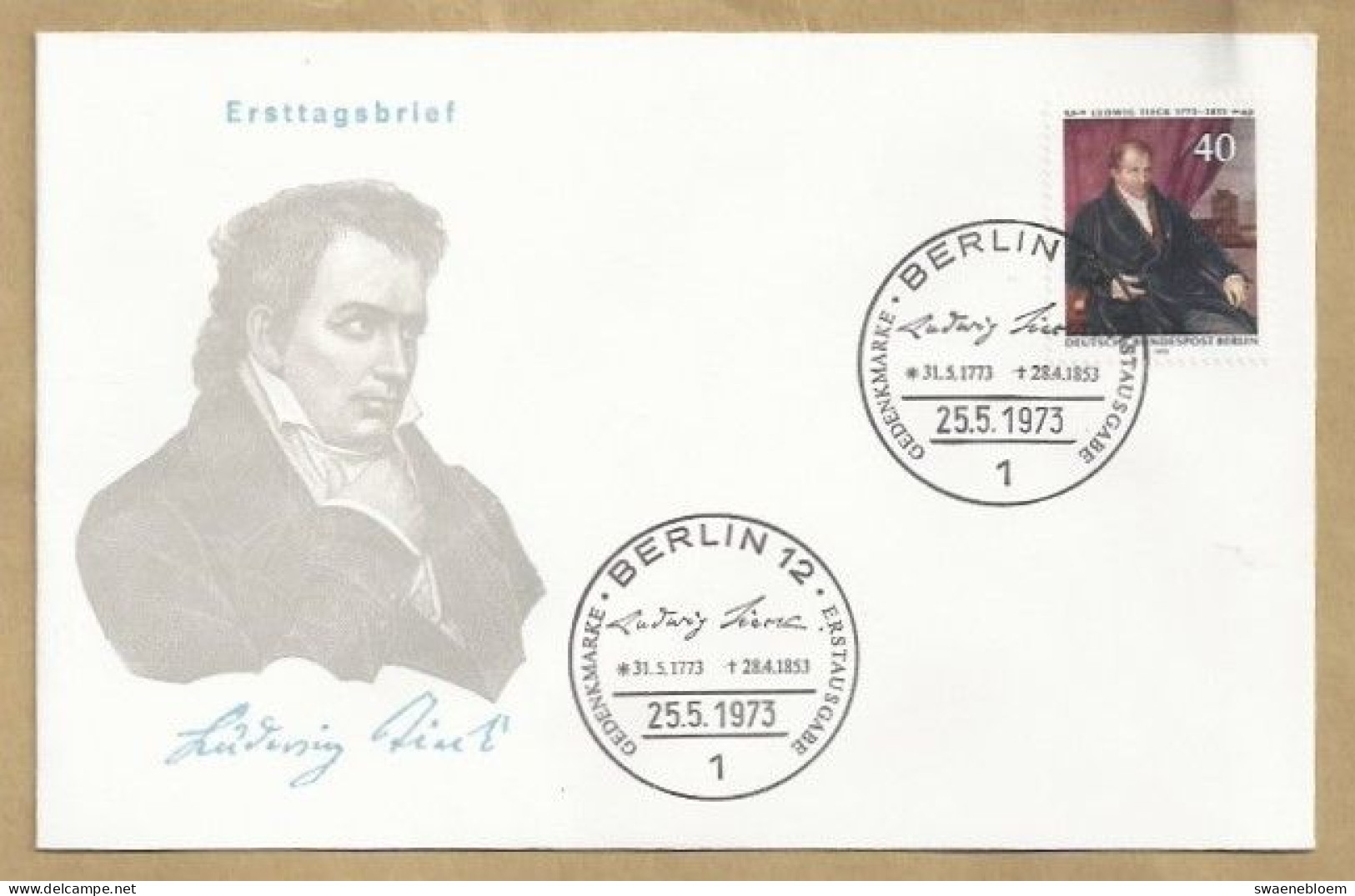 DE.- ERSTTAGSBRIEF. GEDENKMARKE. LUDWIG TIECK 1773-1853. ERSTAUSGABE 25.5.1973. BERLIN 12. FDC. - 1971-1980