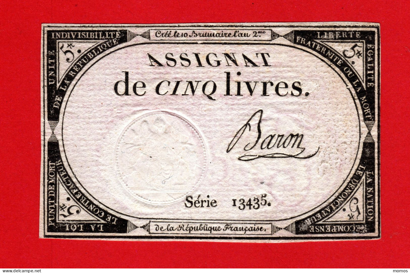 ASSIGNAT DE 5 LIVRES - 10 BRUMAIRE AN 2  (31 OCTOBRE 1793) - BARON - REVOLUTION FRANCAISE  C - Assignats & Mandats Territoriaux