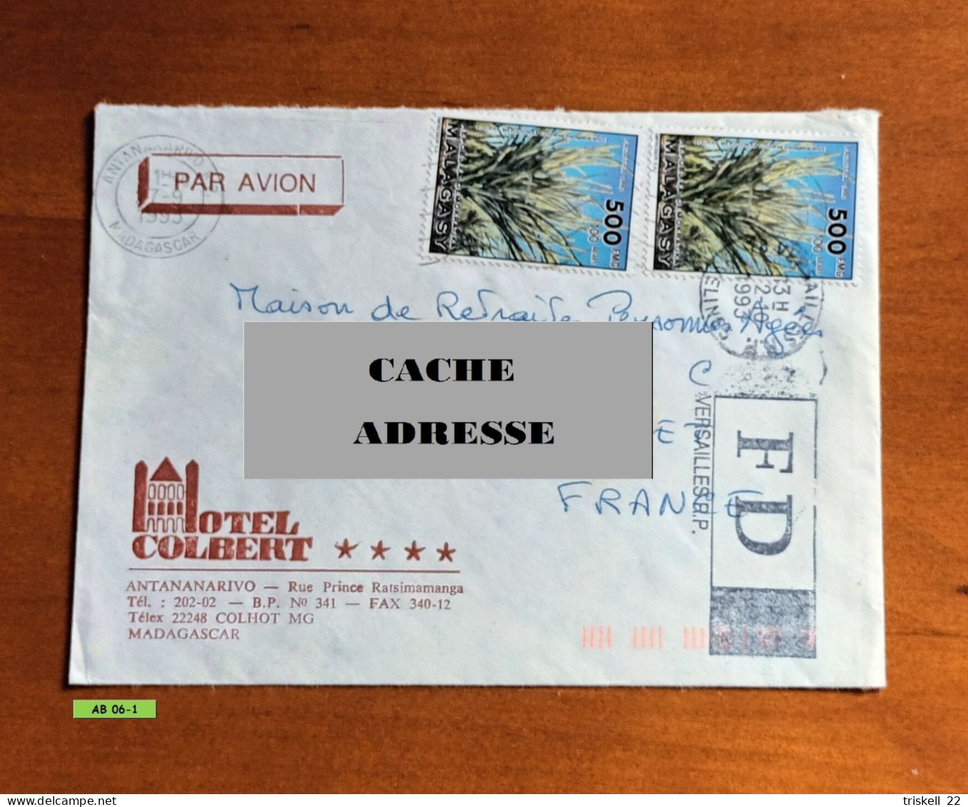 Enveloppe De Madagascar - Hôtel Colbert Pour La France. Plante - Fourré Méridional - Oblitération Du 2-10-1993 - Madagascar (1960-...)