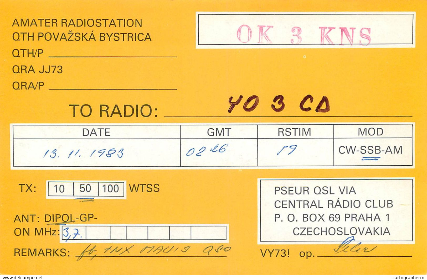 QSL Card Czechoslovakia Radio Amateur Station OK3KNS Y03CD 1983 - Radio Amateur