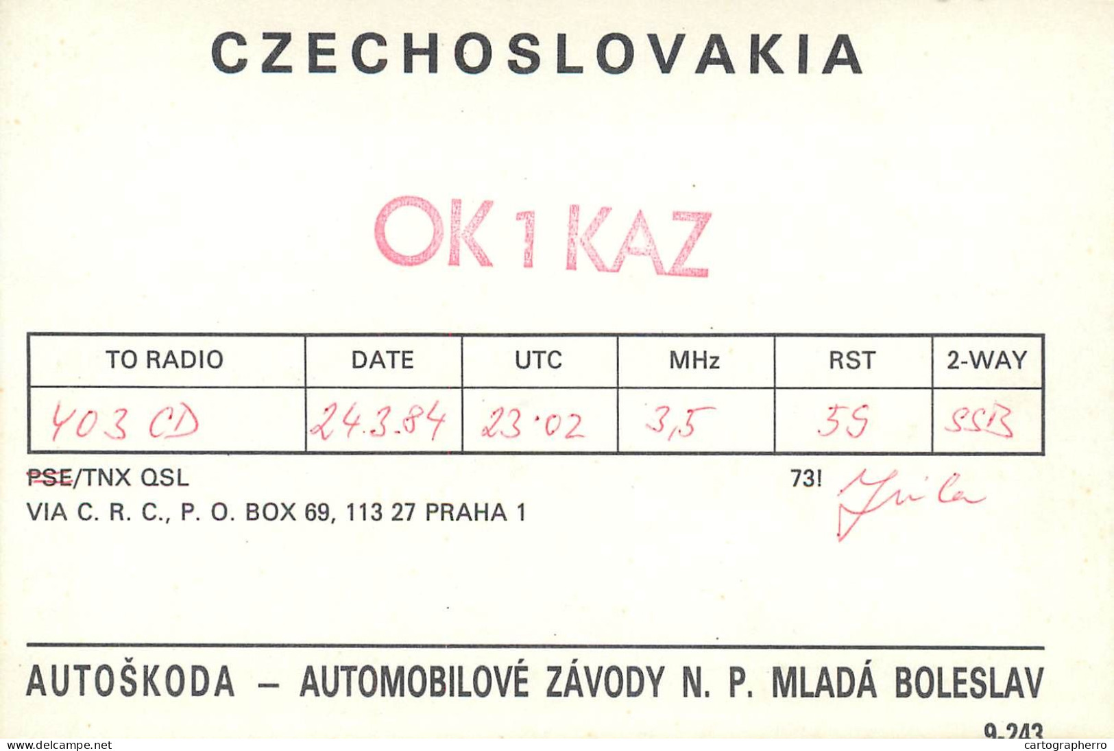 QSL Card Czechoslovakia Radio Amateur Station OK1KAZ Y03CD 1984 - Radio Amateur