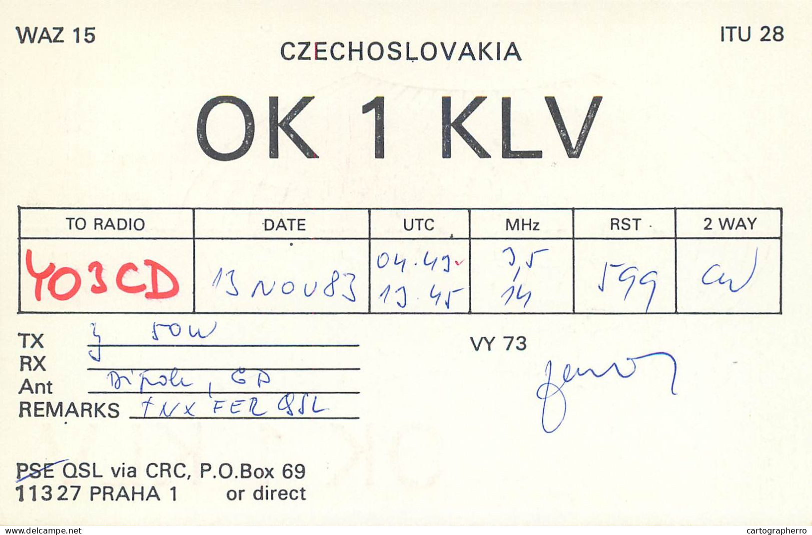 QSL Card Czechoslovakia Radio Amateur Station OK1KLV Y03CD 1983 - Radio Amateur