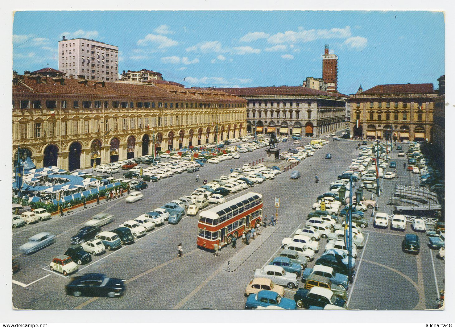 D6447] TORINO PIAZZA SAN CARLO AUTOBUS A DUE PIANI Molte Auto Parcheggiate Fiat Lancia Volkswagen Non Viaggiata - Places