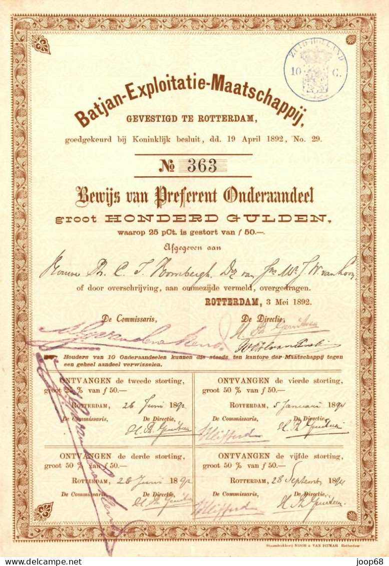 Batjan-Exploitatie-Maatschappij - Bewijs Van Preferent Onderaandeel F 100,-, Rotterdam, 3 Mei 1892 Indonesia - Agriculture