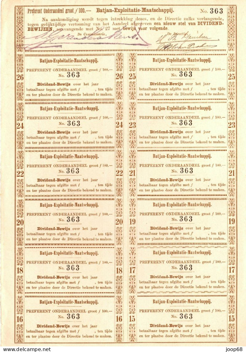 Batjan-Exploitatie-Maatschappij - Bewijs Van Preferent Onderaandeel F 100,-, Rotterdam, 3 Mei 1892 Indonesia - Agriculture