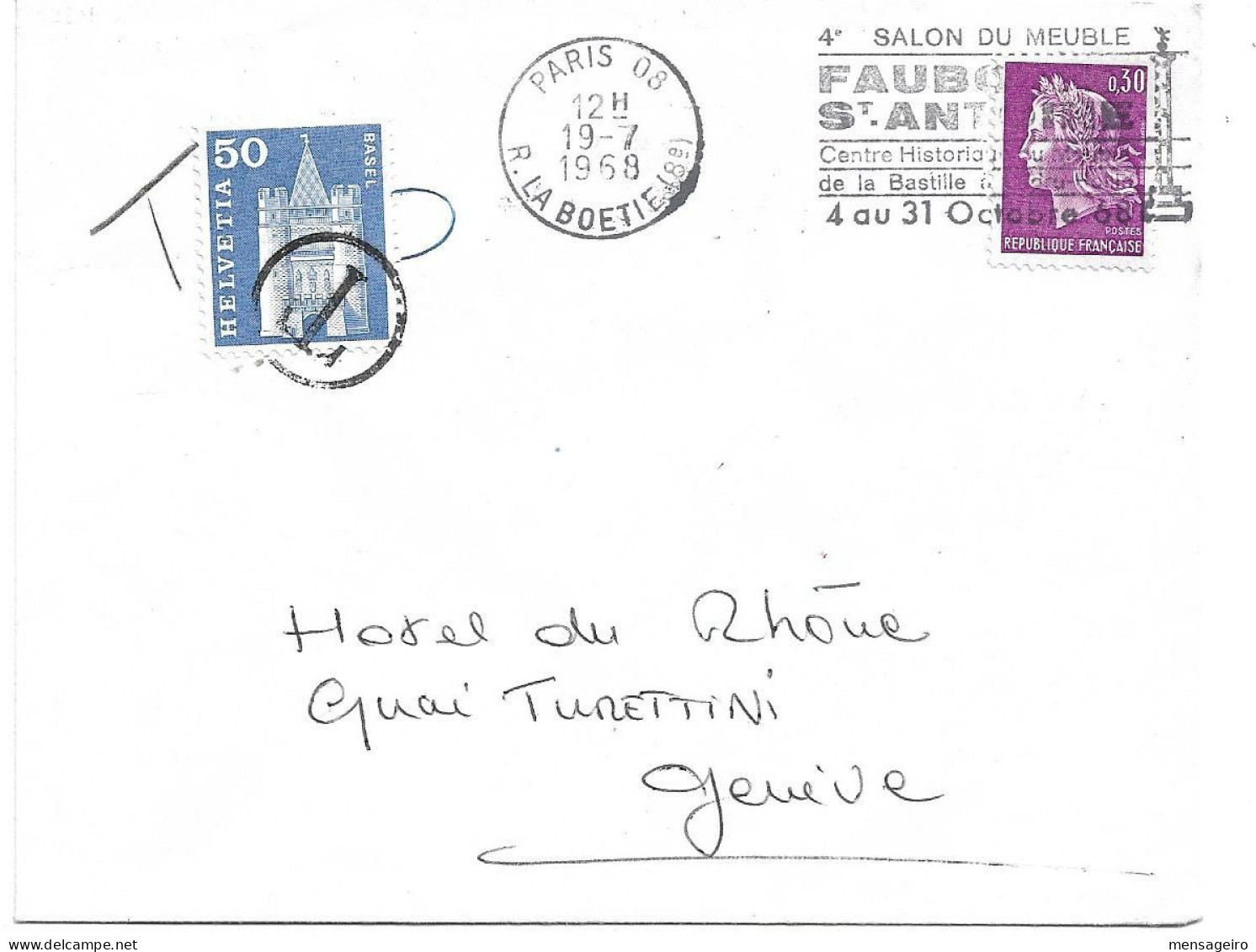 (C14) - Y&T N°1536 CHEFFER - LETTRE PARIS => SUISSE 1968 - TAXE PAR TP SUISSE ZUM N°363 - 1967-1970 Marianne Van Cheffer