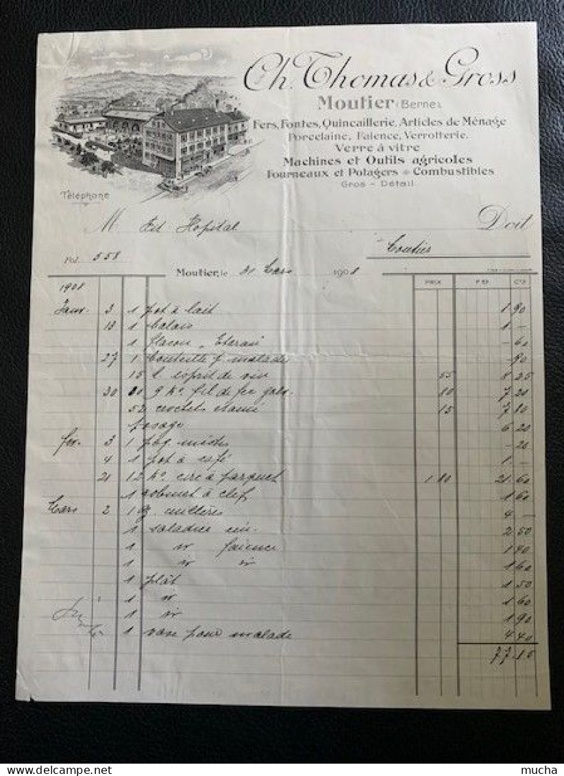 70135 - Facture Ch.Thomas-Gross Fers,Fontes Machines Agricoles Moutier 31.03.1908 - Svizzera