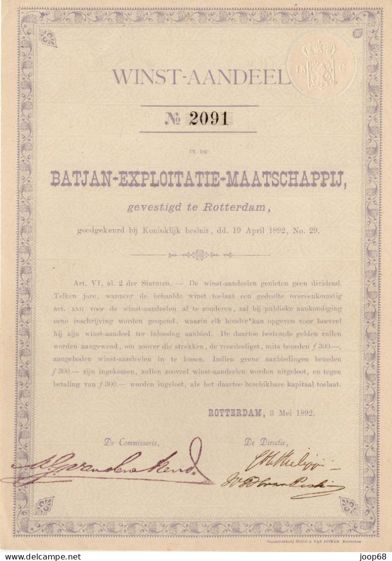 Batjan-Exploitatie-Maatschappij, Winst-Aandeel, Rotterdam, 3 Mei 1892 Indonesia - Landwirtschaft