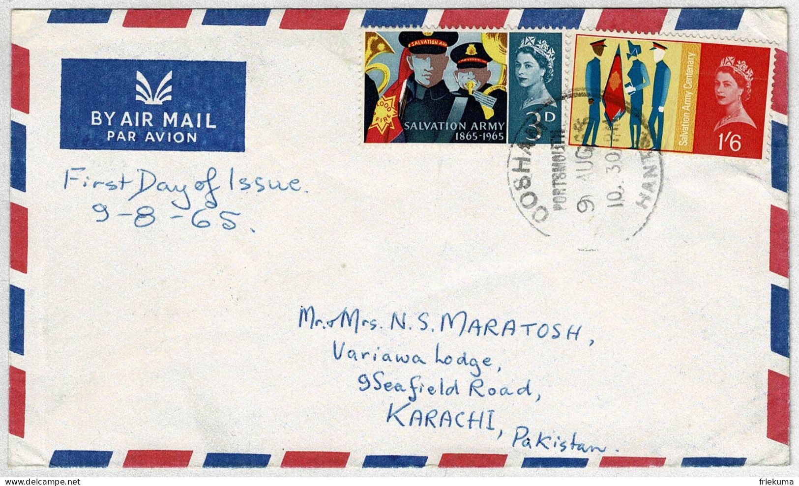 Grossbritannien / United Kingdom 1965, Brief Ersttag Salvation Army Portsmouth - Karachi (Pakistan), Heilsarmee - Altri & Non Classificati