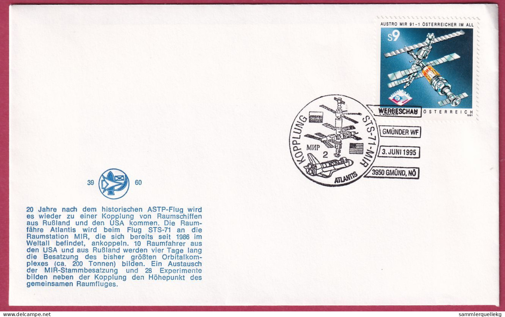 Österreich MNr. 2040 Sonderstempel Gmünd 3. Juni 1995, Kopplung STS-71-Mir - Europa