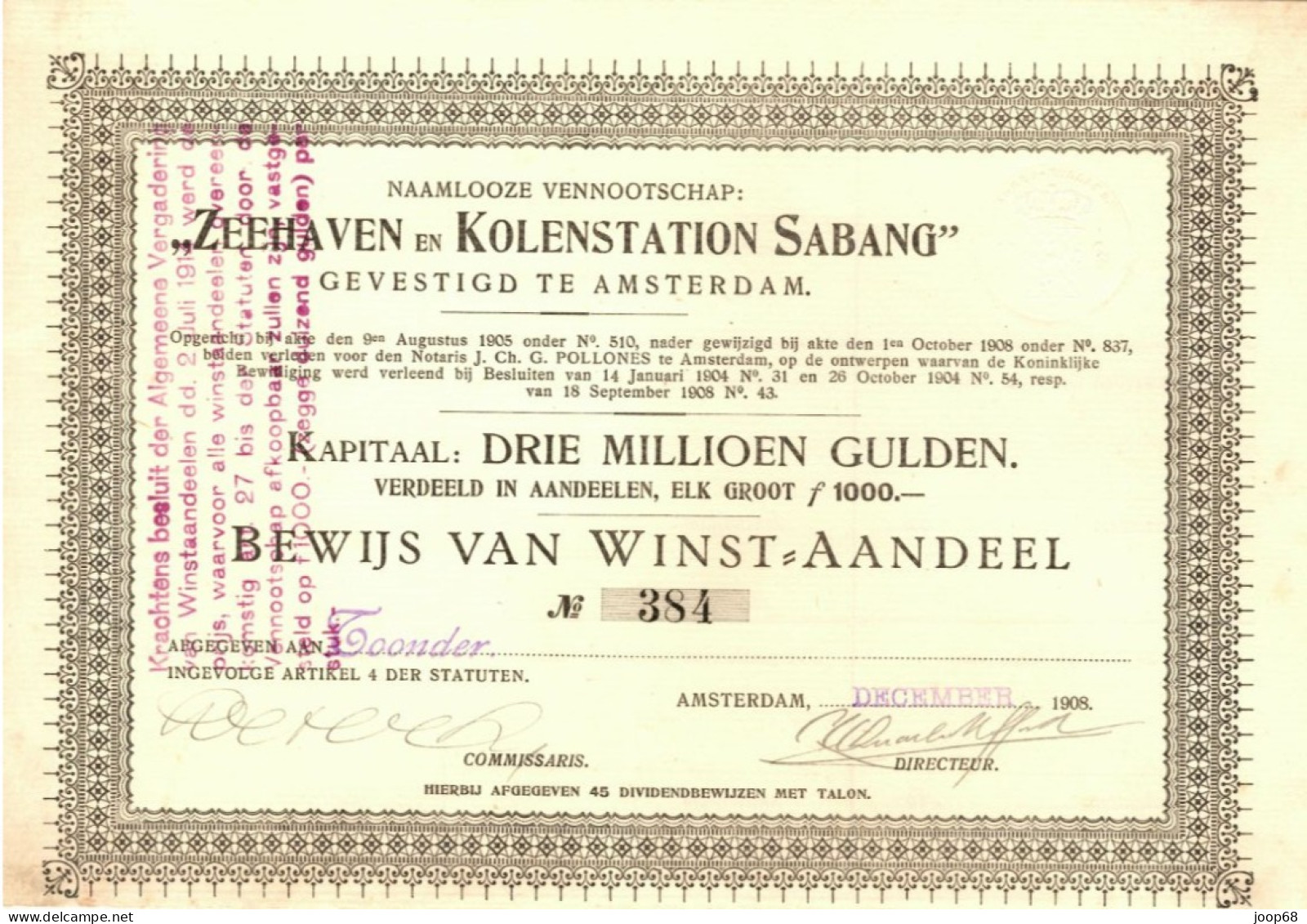 Zeehaven En Kolenstation SABANG, Bewijs Van Winst-Aandeel, Amsterdam, December 1908 Indonesia - Mines