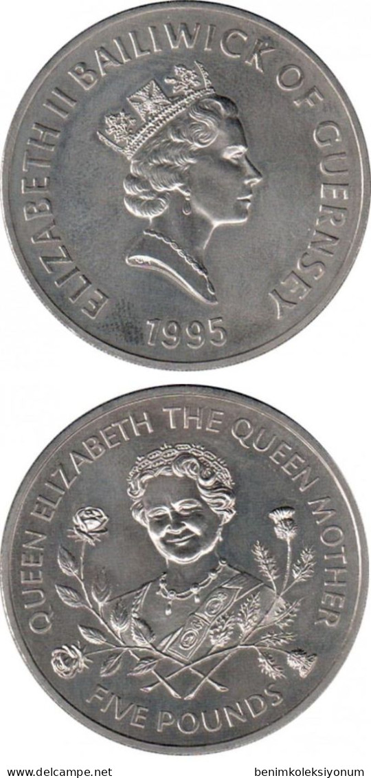 Guernsey 5 Pounds, 1995 UNC RARE Commemorative 95th Anniversary - Birth Of Queen Mother - Guernsey