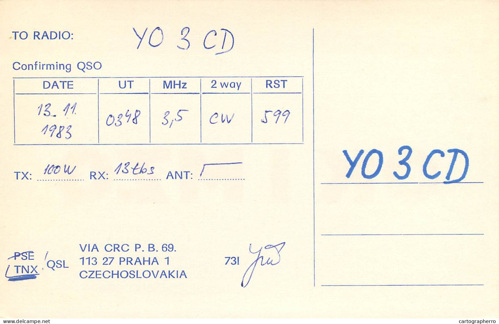 QSL Card Czechoslovakia Radio Amateur Station OK1MZO Y03CD 1983 - Radio Amateur