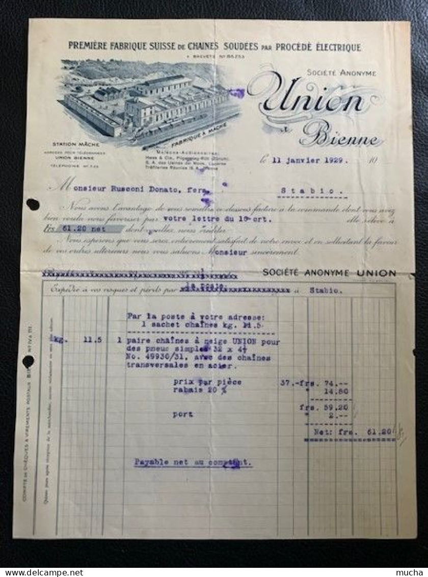 70140 -Facture Illustrée Fabrique Suisse  De Chaines Soudées Union Bienne 11.01.1929 - Zwitserland