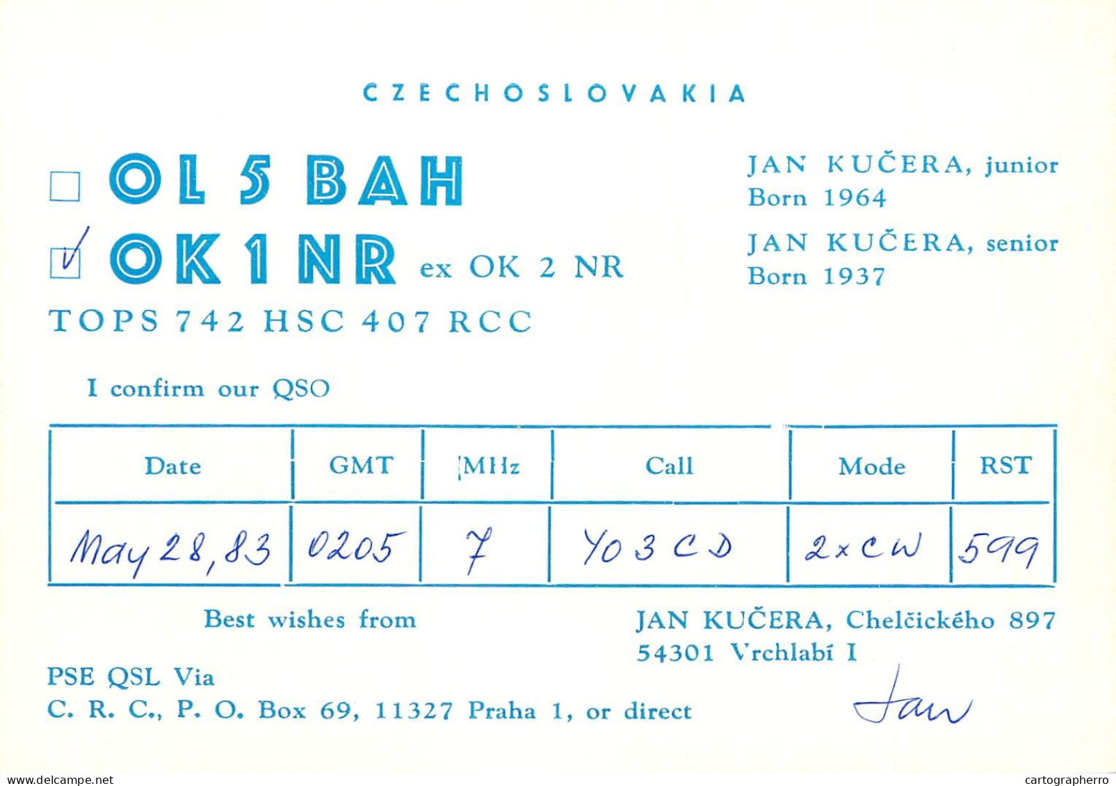 QSL Card Czechoslovakia Radio Amateur Station OK1NR OL5BAH Y03CD 1983 - Radio Amateur