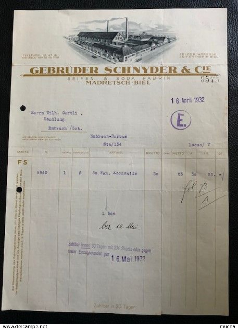 70141 - Facture Illustrée Gebruder Schnyder Seifen & Soda Fabrik Madretsch / Biel 16.04.1932 - Suiza