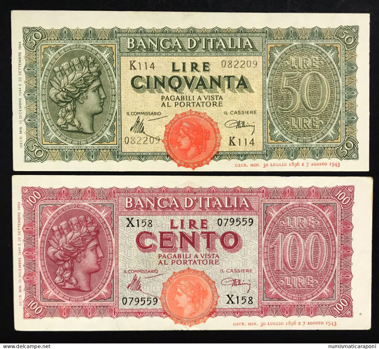 50 +100 Lire Luogotenenza Italia Turita  10 12 1944 Spl+ Bb Taglietto Ricongiunto LOTTO 353 - 100 Liras