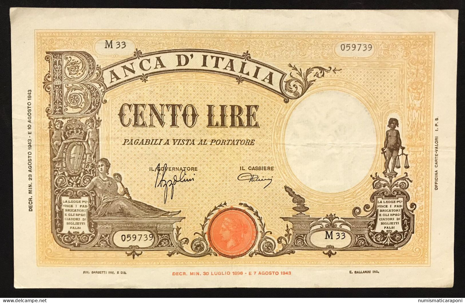 100 Lire Grande B ( B.I.) 23 08 1943 Bel Biglietto Bb Naturale Con Otttimi Colori   LOTTO 446 - 100 Lire