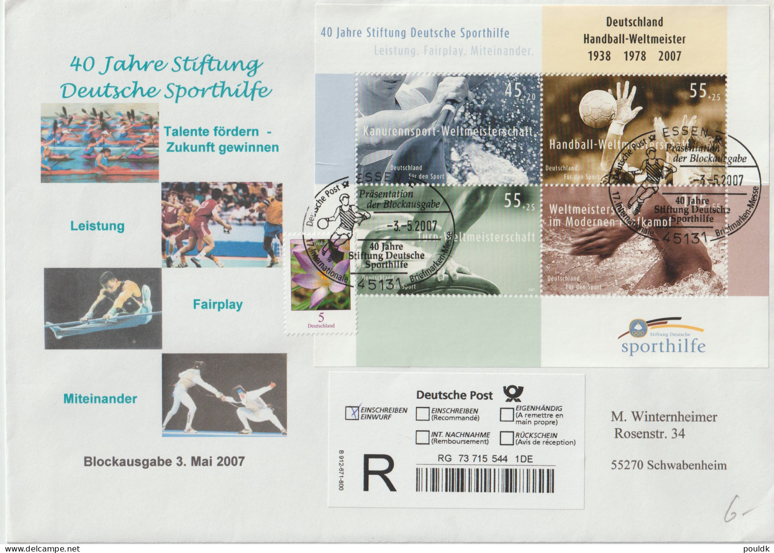 Germany FDC 2007 World Championships Sport Welfare Souvenir Sheet. Postal Weight Approx 99 Gramms. Please Read - Sonstige & Ohne Zuordnung